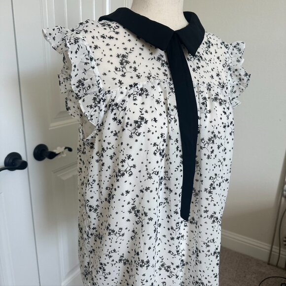 Cece Black White Floral print Sleeveless Collar Blouse Casual Tops M - Picture 3 of 6